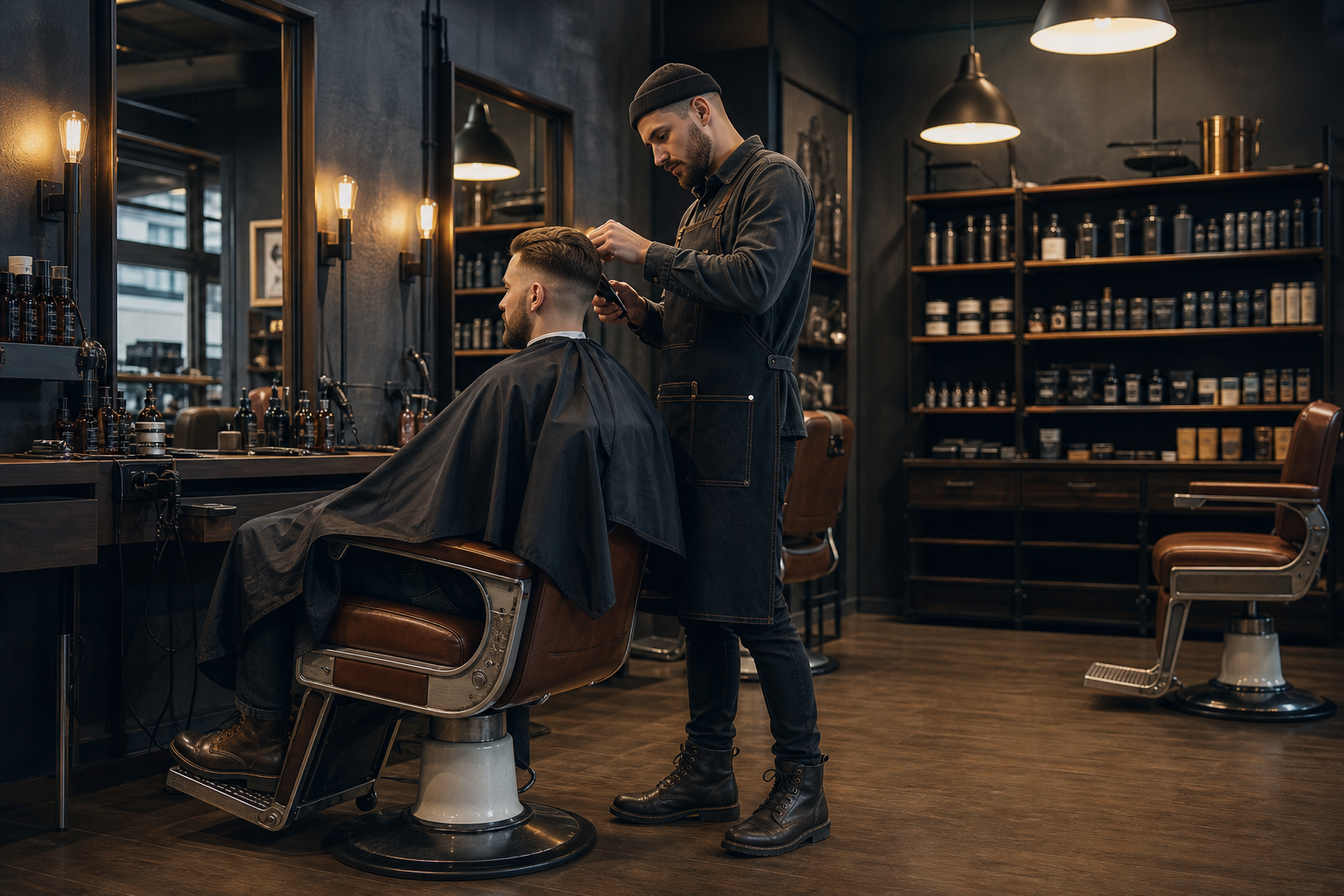 Inside the Straight & True shop — slate walls, leather chairs, a barber mid-fade